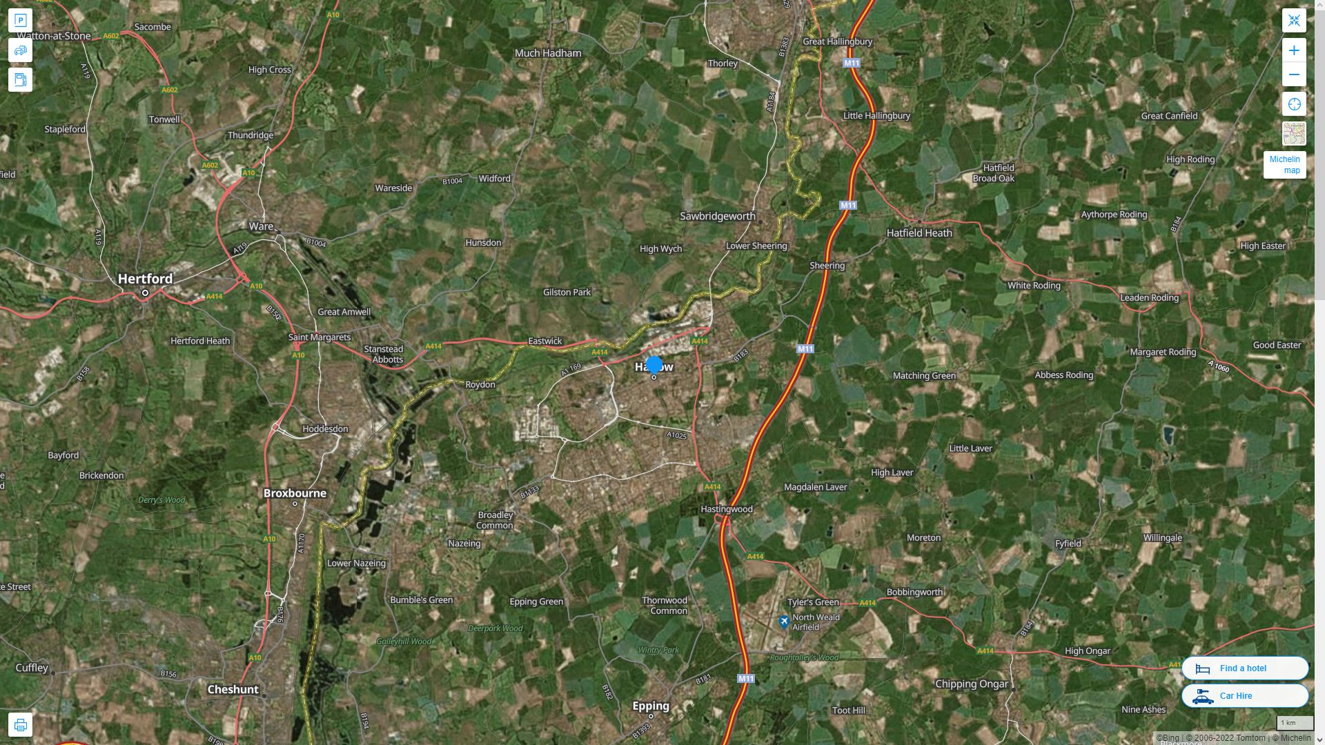 Harlow Royaume Uni Autoroute et carte routiere avec vue satellite